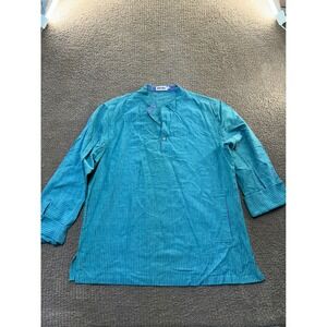 Fabindia Mens Cotton Kurta Shirt Teal Blue Striped Mandarin Collar Size 42 L
